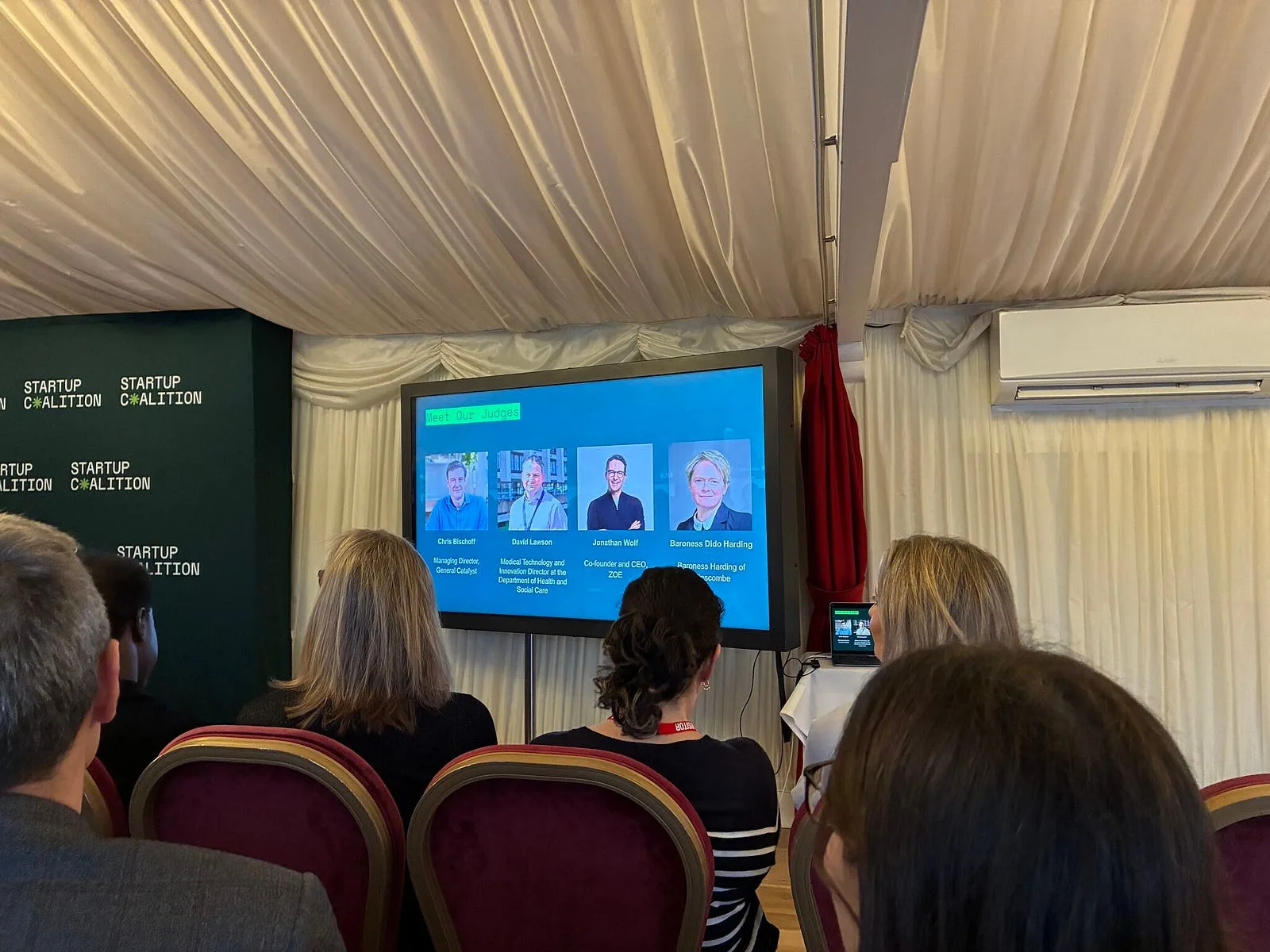 The judges introduced on screen: Chris Bischoff, David Lawson, Jonathan Wolf and Baroness Dido Harding